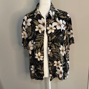 Womens Black Floral Button-Up Camp Shirt